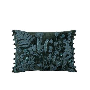 CUSHION LEAVES + FLOWERS RECTANGLE VISCOSE DARK GREEN/TURQUOISE