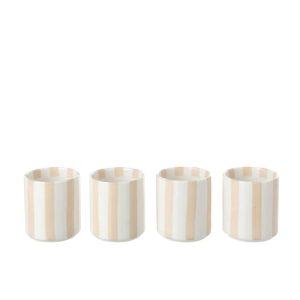 BOX OF 4 COFFEE CUP STRIPED STONEWARE LIGHT BEIGE/WHITE