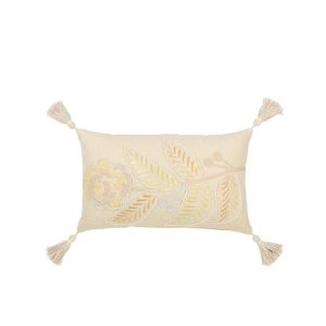 CUSHION RECTANGLE FLOWER+TASSELS COTTON LIGHT YELLOW