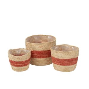SET OF 3 BASKET STRIPES CORN HUSK NATURAL/RED