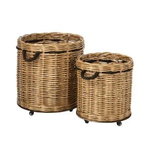 SET OF 2 FLOWERPOT ON WHEELS ROUND WICKER NATURAL/GREIGE