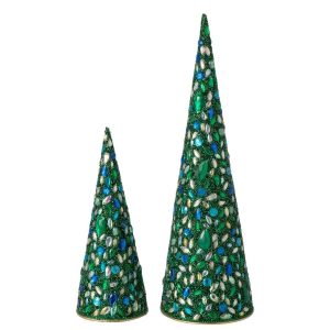 SET OF 2 CONE IRON/BEADS GREEN/BLUE