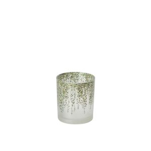 TEALIGHT HOLDER LEAVES CYLINDER GLASS DARK GREEN/TRANSPARENT SMALL