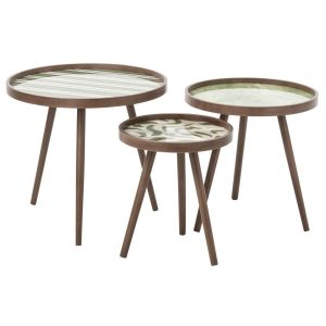 SET OF 3 COFFEE TABLE ROUND RUBBER WOOD OLIVE