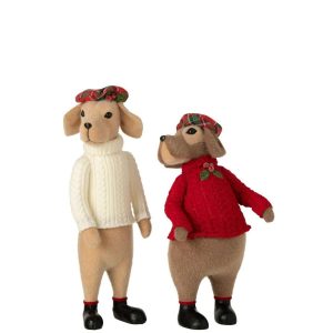 DOG + BERET FABRIC BEIGE/CHRISTMAS RED ASSORTMENT OF 2