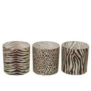 TEALIGHT HOLDER WILD CYLINDER GLASS CAMEL/BLACK LARGE ASSORTMENT OF 3