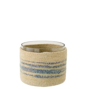 TEALIGHT HOLDER STRIPED SEAGRASS NATURAL/BLUE
