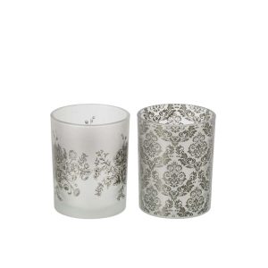 TEALIGHT HOLDER FLOWERS GLASS KHAKI GREEN MEDIUM ASSORTMENT OF 2