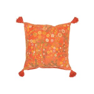 CUSHION SQUARE FLOWERS+TASSELS VELVET ORANGE