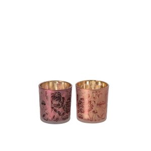 TEALIGHT HOLDER FLOWERS GLASS BURGUNDY/CORAL RED SMALL ASSORTMENT OF 2