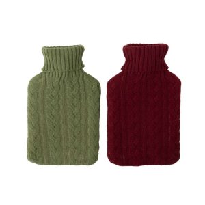 HOT WATER BOTTLE KNITTED RUBBER KHAKI GREEN/BURGUNDY ASSORTMENT OF 2