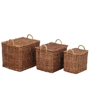SET OF 3 BASKET WITH HANDLES WICKER NATURAL/RUST BROWN