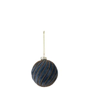 CHRISTMAS BAUBLE STRIPED GLASS DARK BLUE/GOLD SMALL