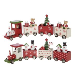 TRAIN BEAR + SNOWMAN PLYWOOD CHRISTMAS RED/WHITE ASSORTMENT OF 2