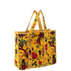 TOTE BAG BIRDS/FLOWERS COTTON VELVET YELLOW