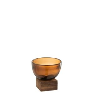 VASE ON FOOT WIDE GLASS/WOOD BROWN SMALL