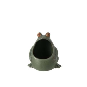 FLOWERPOT FROG STONEWARE GREY-GREEN SMALL