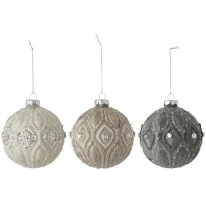 CHRISTMAS BAUBLE GLASS ECRU/GREY LARGE ASSORTMENT OF 3