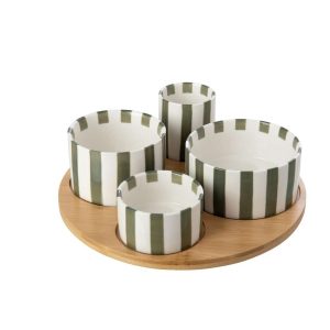 APPETIZER SET STRIPED STONEWARE OLIVE/WHITE