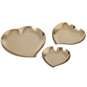 SET OF 3 DECORATIVE DISH HEART STEEL GOLD