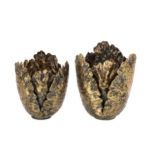 SET OF 2 TEALIGHT HOLDER TULIP FLOWERS IRON BRASS LARGE