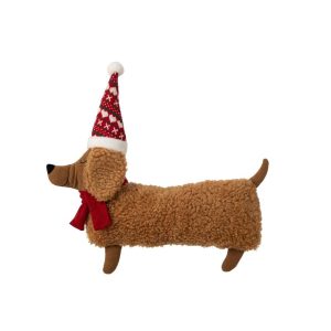 CUSHION DOG + HAT POLYESTER BROWN/CHRISTMAS RED