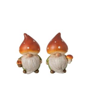 GNOME MUSHROOM POLYRESIN DARK ORANGE/GREEN MEDIUM ASSORTMENT OF 2