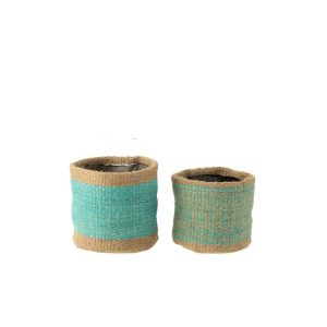 SET OF 2 BASKET ROUND+BAND JUTE NATURAL/AZURE XS/S