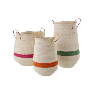 SET OF 3 BASKET WITH HANDLE STRIPED SEAGRASS MULTI