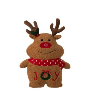 CUSHION MOOSE POLYESTER BROWN/CHRISTMAS RED