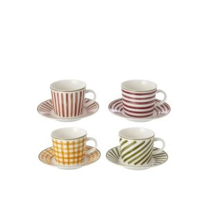 BOX OF 4 COFFEE CUP + SAUCER STONEWARE BURGUNDY/OLIVE SMALL