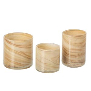 SET OF 3 TEALIGHT HOLDER MARBLE GLASS LIGHT BEIGE/BRASS