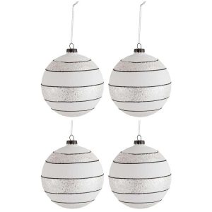 BOX OF 4 CHRISTMAS BALL STRIPES/GLITTER GLASS BLACK/WHITE LARGE