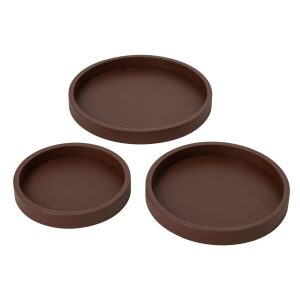 SET OF 3 TRAY LEATHER MDF BROWN