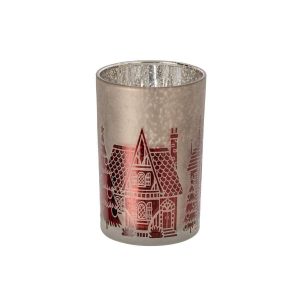 TEALIGHT HOLDER GLASS CHRISTMAS RED/GREY LARGE