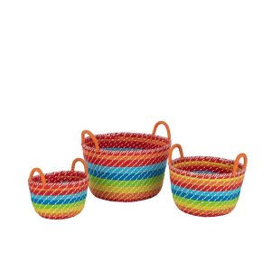 SET OF 3 BASKET RAINBOW STRIPES+HANDLES SEAGRASS MIX