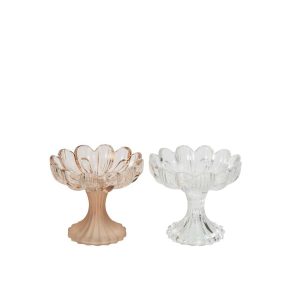 TEALIGHT HOLDER ON BASE FLOWER GLASS BEIGE/TRANSPARENT ASSORTMENT OF 2