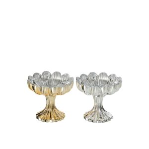 TEALIGHT HOLDER ON BASE FLOWER GLASS GOLD/SILVER ASSORTMENT OF 2