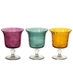 CANDLE HOLDER GLASS MUSTARD YELLOW/BURGUNDY ASSORTMENT OF 3