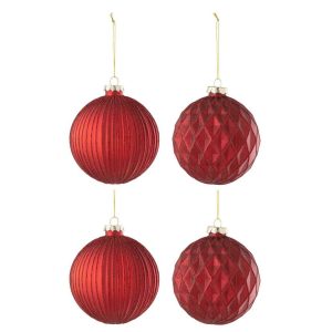 BOX OF 4 CHRISTMAS BAUBLE 2+2 RIBBED/ RHOMBUS GLASS RED LARGE