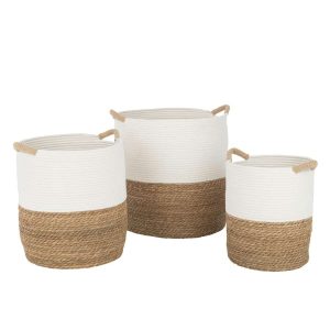 SET OF 3 BASKET ROUND HANDLES TEXTILE WHITE/NATURAL