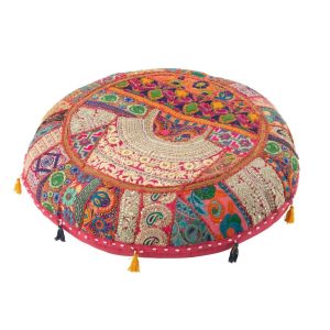 POUF ROUND PLAT PATTERNS+TASSELS COTTON PINK