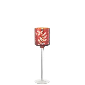 TEALICHT HOLDER ON FOOT LEAVES GLASS RED/ANTIQUE GOLD SMALL