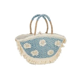 BEACH BAG FLOWERS+FRINGES DENIM SEAGRASS NATURAL/BLUE