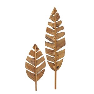 SET OF 2 WALL OBJECT LEAVES TEAK WOOD NATURAL