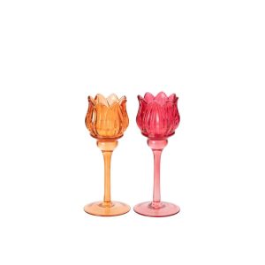 TEALIGHT HOLDER ON BASE TULIP GLASS ORANGE/FUCHSIA SMALL ASSORTMENT OF 2