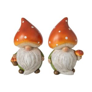 GNOME MUSHROOM POLYRESIN DARK ORANGE/GREEN LARGE ASSORTMENT OF 2
