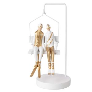 SKIER COUPLE + CHAIRLIFT POLYRESIN WHITE/GOLD