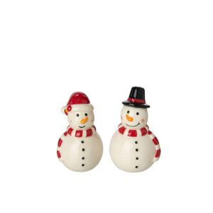 SALT & PEPPER SNOWMAN STONEWARE WHITE/CHRISTMAS RED