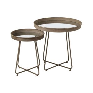 SET OF 2 SIDE TABLE MIRROR ROUND IRON RUST BROWN